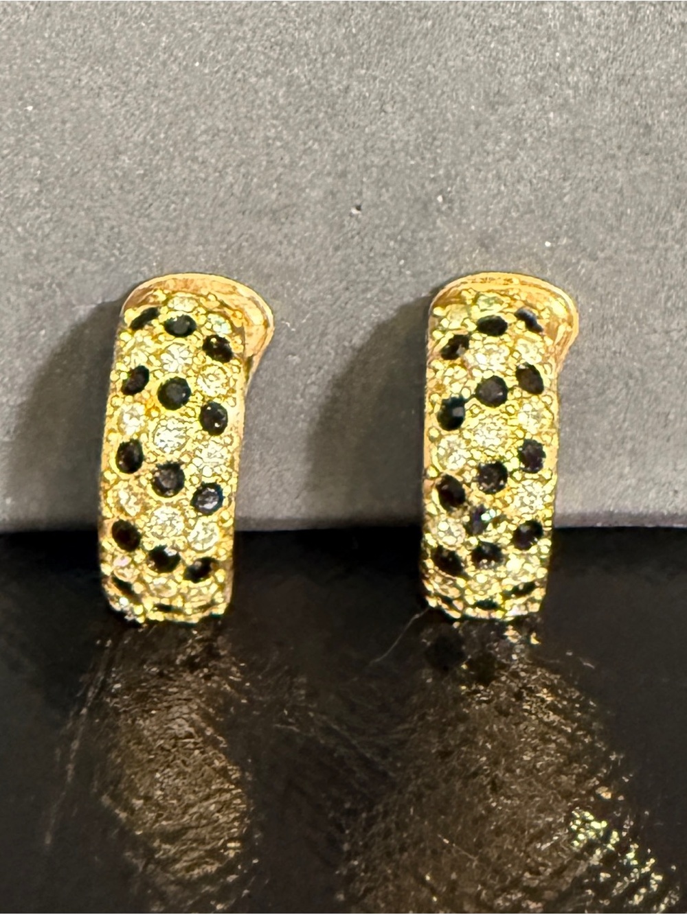 Vintage Signed Roman Gold Tone Clear Black Rhinestone Half Hoop Clip On Earrings
